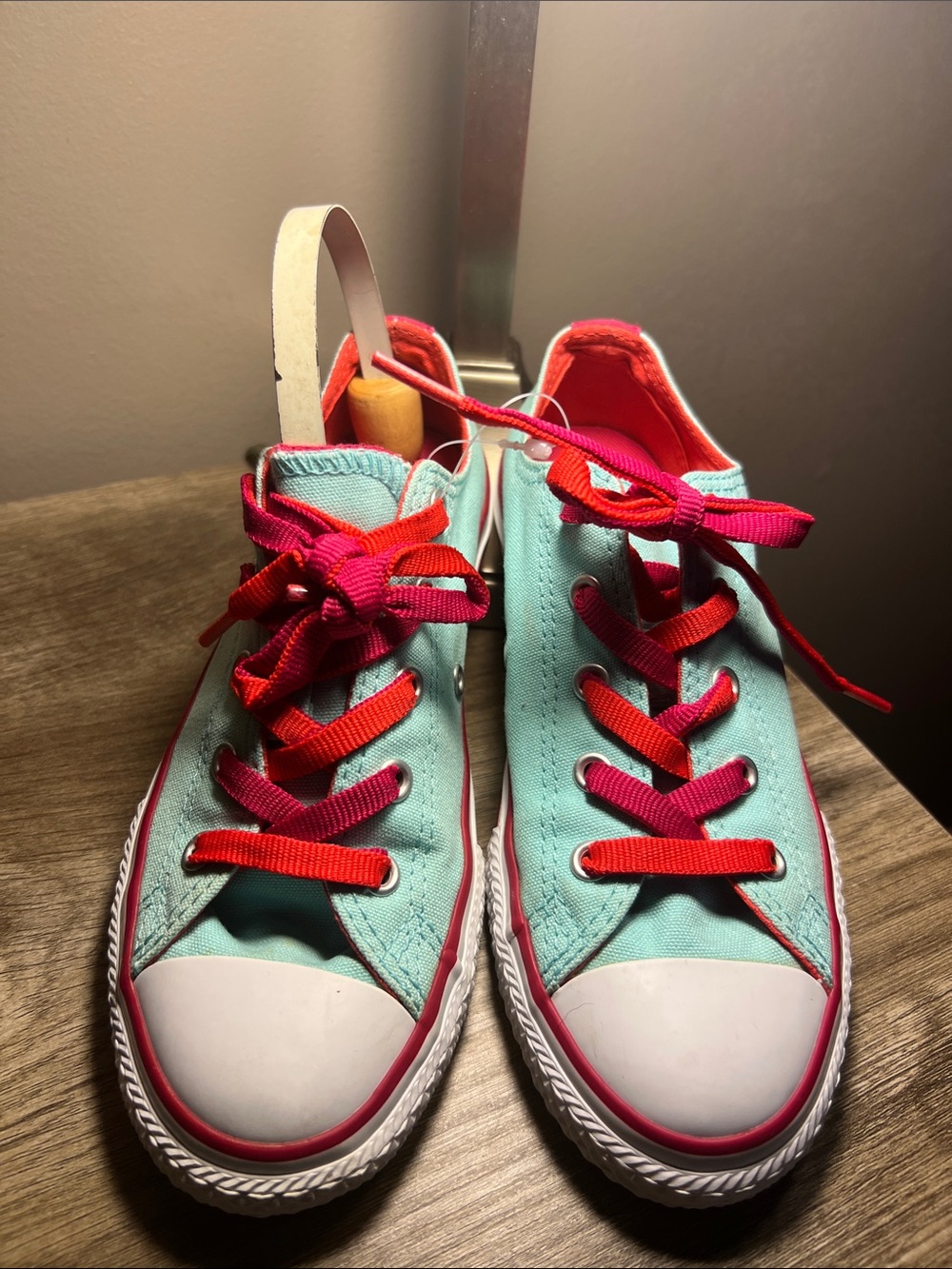 Converse Mint Green Low-Top Sneakers with Pink and Red Laces